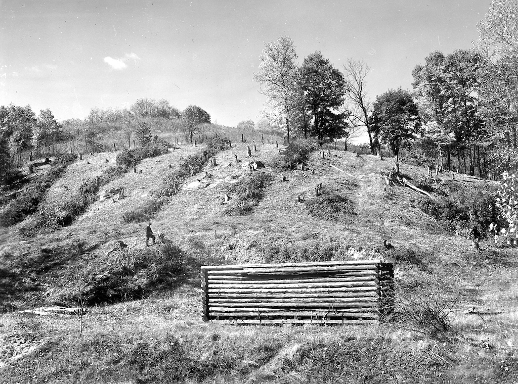 Clear cutting land clearing operation on a steep hillside preparatory to plowing next spring. The soil quality is questionable, note the rock protruding showing the soil is very thin. Image from 1940 | Courtesy of the Southeast Ohio History Center